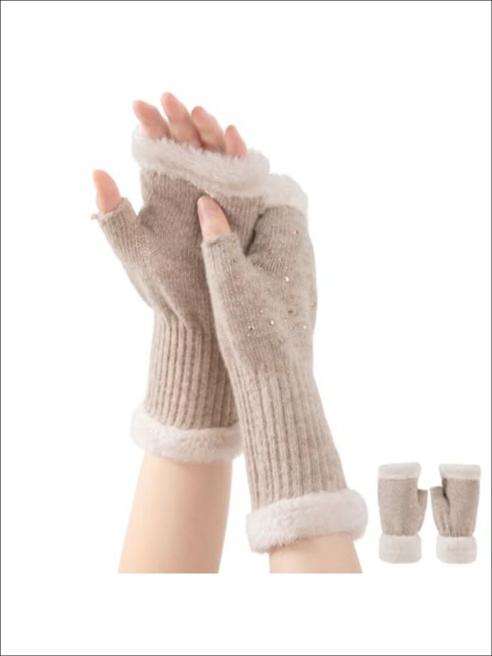 Wool Blend Fingerless Gloves with Rhinestones, Plush Lined, Stretchy Knit, One